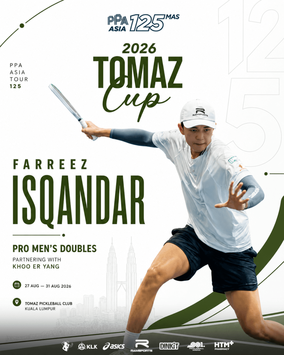 White and green tournament poster for Farreez Isqandar at the Tomaz Cup